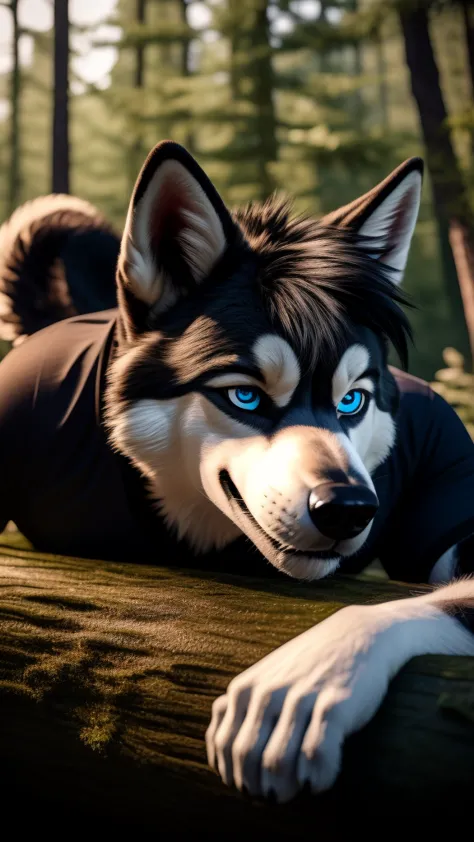 Sexy Posing, male, 30 years old, cute, eyeliner, short black hair, biting lip smile, black shirt, bedroom eyes, anthro, dog ears...