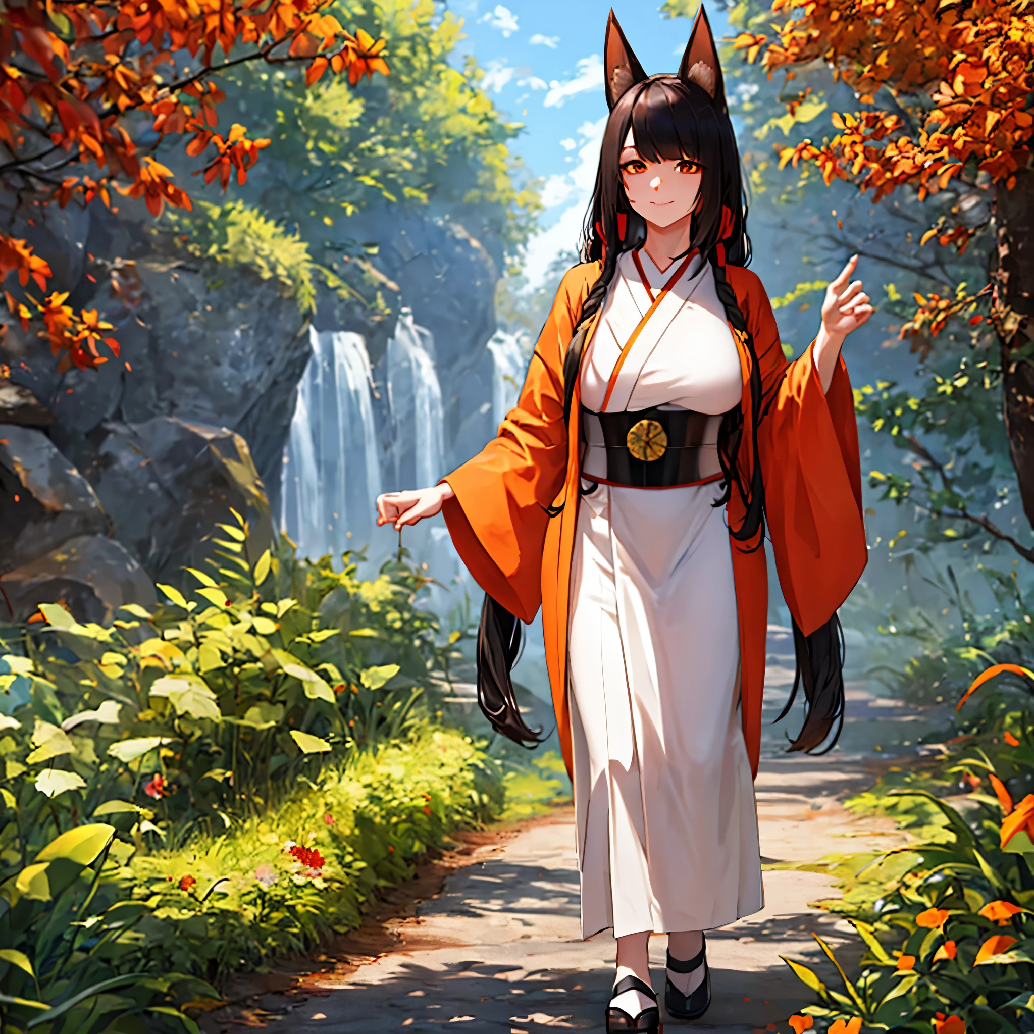 A woman wearing a white kimono with drawings of autumn flowers, walking on a walk in a forest in the autumn period, Japanese shoes, orange eyes, black hair, kitsune ears, kitsune tails, multi-tails, smiling, big breasts, posture standing, daytime location, a view of the forest, background with orange filter,.UHD , prime work , accurate , anatomically correct , textured skin , super details , high quality , best quality, 8k, high resolution, bokeh effect. (woman solo)
