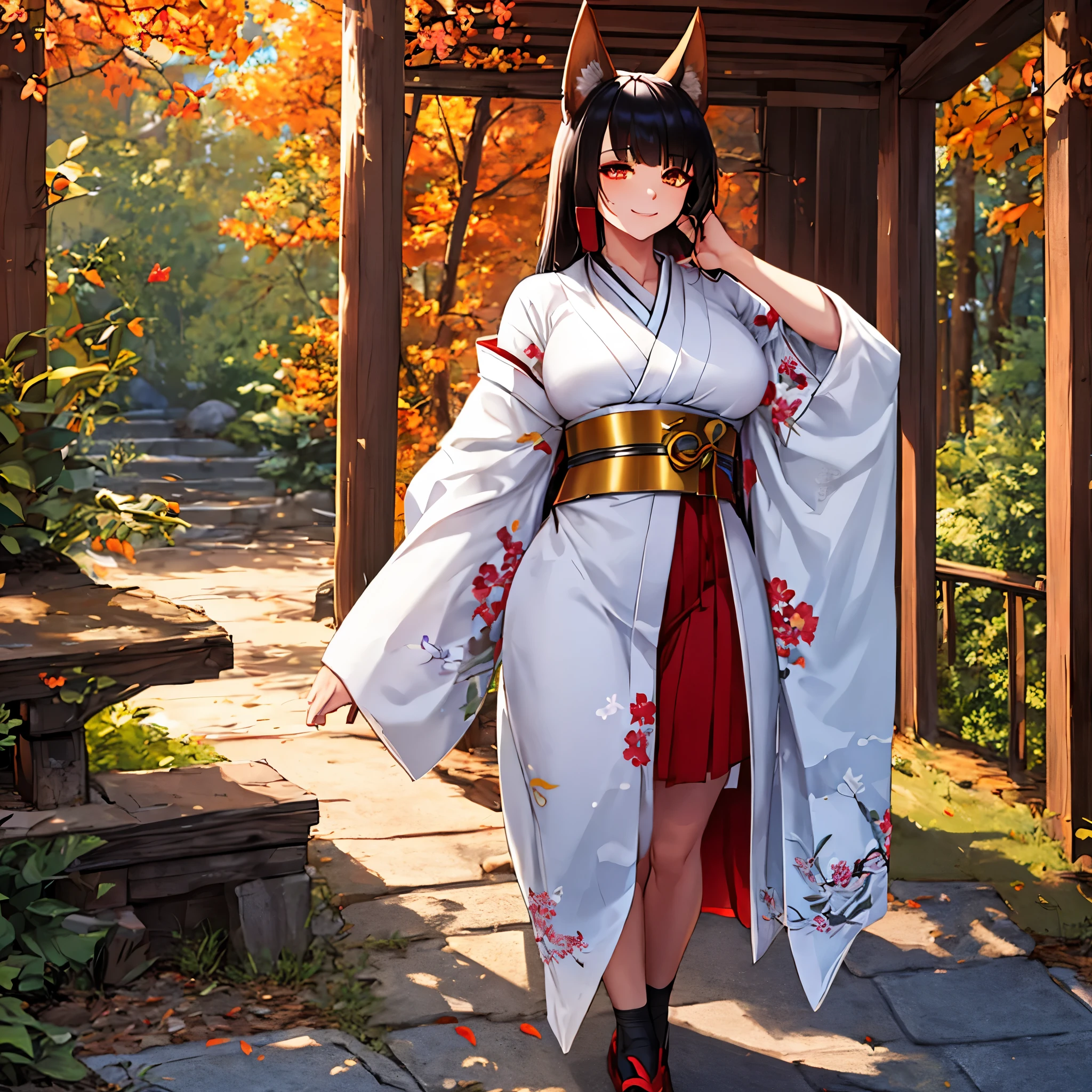 A woman wearing a white kimono with drawings of autumn flowers, walking on a walk in a forest in the autumn period, Japanese shoes, orange eyes, black hair, kitsune ears, kitsune tails, multi-tails, smiling, big breasts, posture standing, daytime location, a view of the forest, background with orange filter,.UHD , prime work , accurate , anatomically correct , textured skin , super details , high quality , best quality, 8k, high resolution, bokeh effect. (woman solo)
