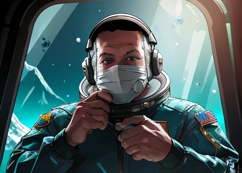  Astronaut looking scared at the spectator, transparent space helmet visor, gesturing with hands towards the viewer communicating with hands towards the viewer, expressing yourself, In the scenario there are immense frozen mountains. The soil and frozen environment, snow covered, icy storm 