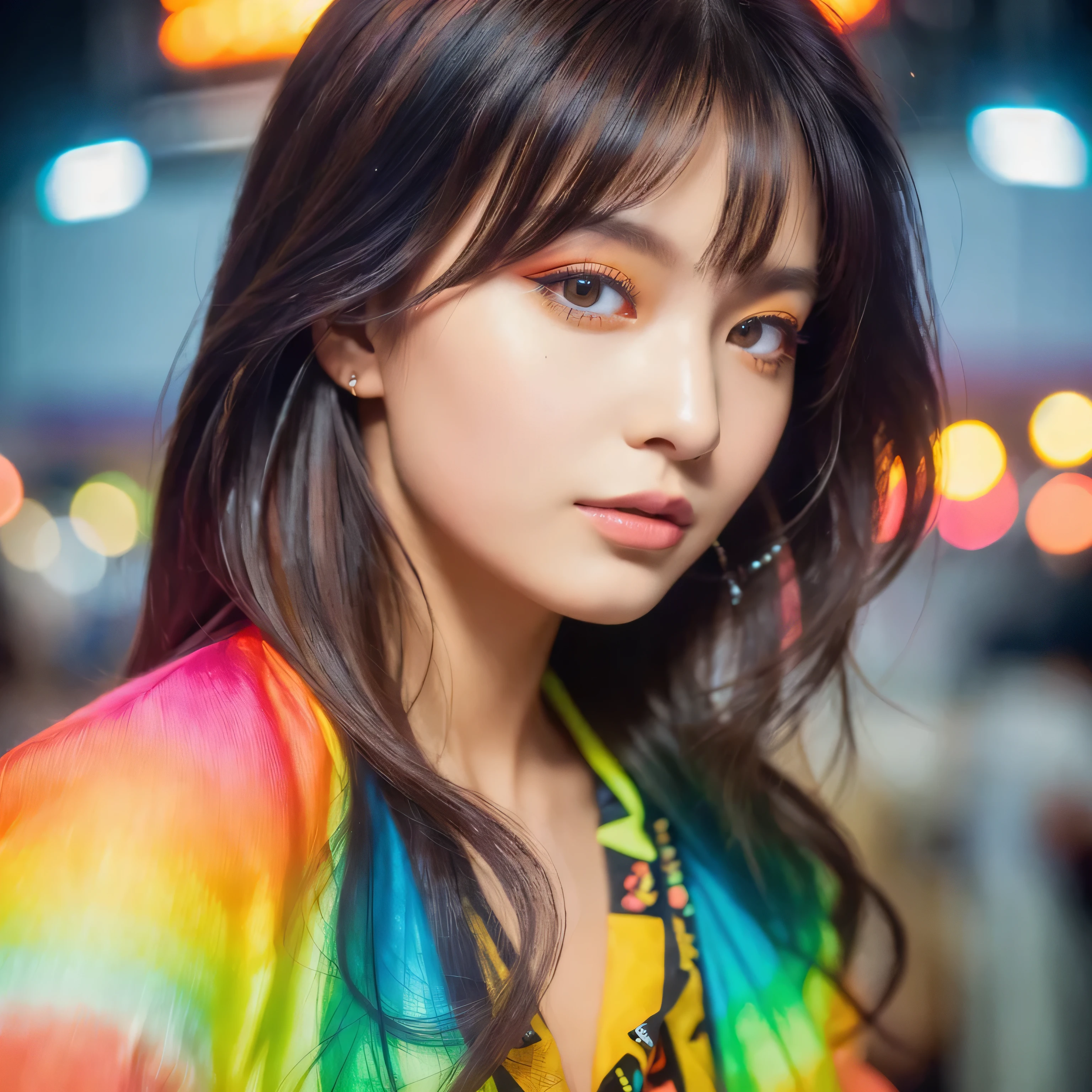 (Best Quality, Masterpiece, Ultra High Definition, High resolution, highly detailed, High Definition Face:1.5), (Vivian Hsu:1.2), 20-year-old woman, 1 beautiful woman, (Neon Color Fashion, colorful fashion, Colorful Style, Vibrant colors:1.3), beautiful eyes, light in the eyes, eyes are in focus, white skin, Glossy, shiny skin, very Fair skin, violently fluttering hair, random hair styles, random hair color, Slim