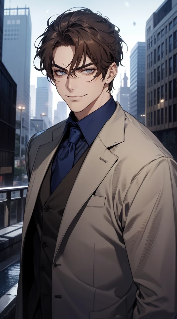 masutepiece, Best Quality, Realistic, 1man, matured male, Quiet and charming young man, 25 years old, closing eye, Serious look, extra detailed face, ((dark grey eyes)), ((Short right sweep dark brown hair)), [Thick eyebrows], detective, city, ((Blue color suit)), Cinematic lighting, gaze at the audience, Postural dynamics, Smirk