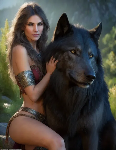 (beautiful druid elf girl 1.3) hugging a big black wolf (extremely detailed cg unity 8k wallpaper, masterpiece, best quality, ul...