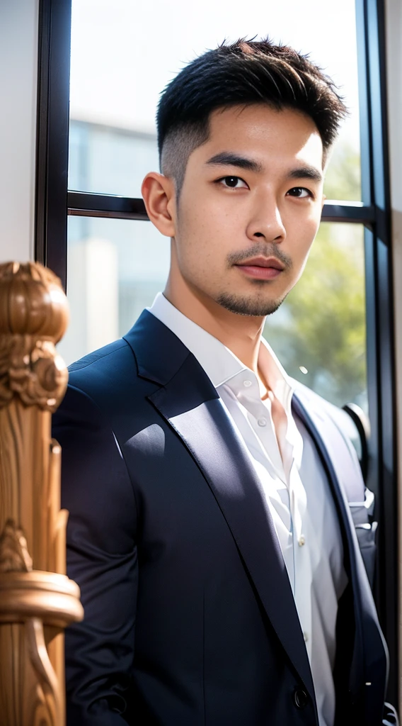 (realistically, Masterpiece, High resolution 8K, good light quality, Portrait, closed on face, complicated details), The most handsome Korean uncle., Beard，Age 40, Staring at desire, detailed face, Detailed eyes, look at the sky, shirt, suit lac suit，tick,黑Eyes, (Pale skin), body standards,brown hair, smooth hair,Big Back， Outdoor activities, evening, sunset,office room, Exaggerated, impersonal