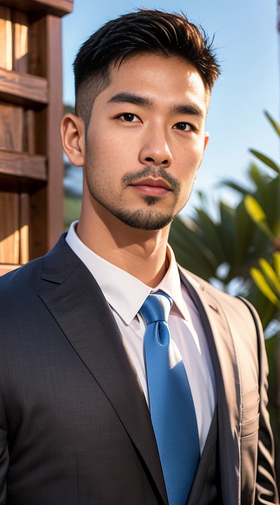 (realistically, Masterpiece, High resolution 8K, good light quality, Portrait, closed on face, complicated details), The most handsome Korean uncle., Beard，Age 40, Staring at desire, detailed face, Detailed eyes, look at the sky, shirt, suit lac suit，tick,黑Eyes, (Pale skin), body standards,brown hair, smooth hair,Big Back， Outdoor activities, evening, sunset,office room, Exaggerated, impersonal