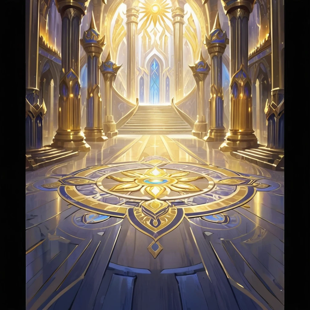 There is a picture of a very large room，There are many pillars inside, Kingdom of Light Background, Cathedral Background, Stunning mysterious background, interior background technology, cathedral of the sun, The Golden Throne Room, Palace Background, background technology, odin's stone Arena Background, decadent The Golden Throne Room, Glowing throne, Gorgeous border + Concept Art, Arena Background, World of Warcraft art style