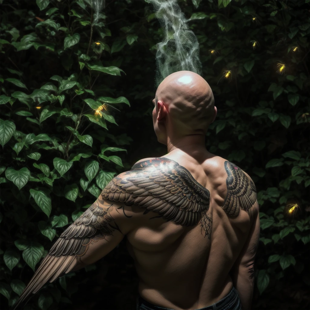Hermoso tatuaje de águila calva con luciérnagas en un bosque encantado
