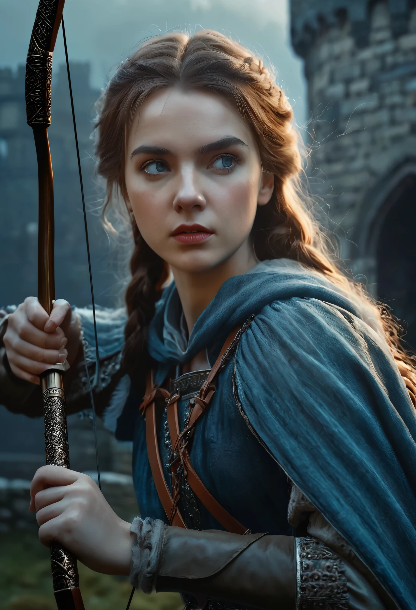 1girl, medieval castle, woman with bow and arrows, detailed facial features, beautiful eyes, detailed skin, detailed hair, adventurous expression, dramatic lighting, cinematic composition, muted color palette, atmospheric fog, (best quality,4k,8k,highres,masterpiece:1.2),ultra-detailed,(realistic,photorealistic,photo-realistic:1.37)