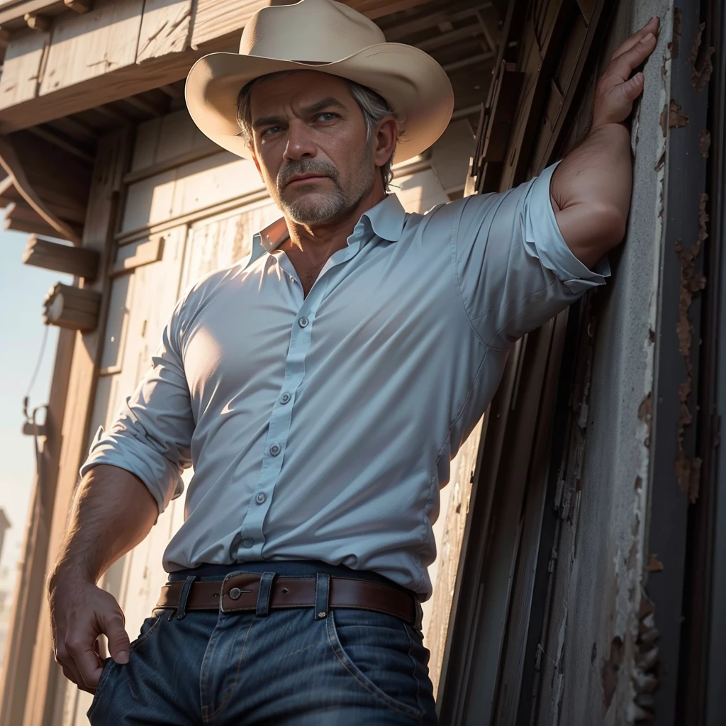 Close-up Uma fotografia realista dramática e visualmente impressionante com cores vibrantes, retratando um homem, 40 anos, cabelo grisalho, muito forte, olhos azuis, olhando para a câmera, vestindo uma roupa de COUNTRY com chapéu de cowboy. O homem posa com a mão na cintura olhando para um placar. O rosto do homem está repleto de intensa determinação enquanto ele verifica o resultado de sua atuação. The ilustração has a cinematic quality, com contrastes profundos de luz e sombra, e uma sensação de grandeza e admiração, pintura, cinematic, ilustração