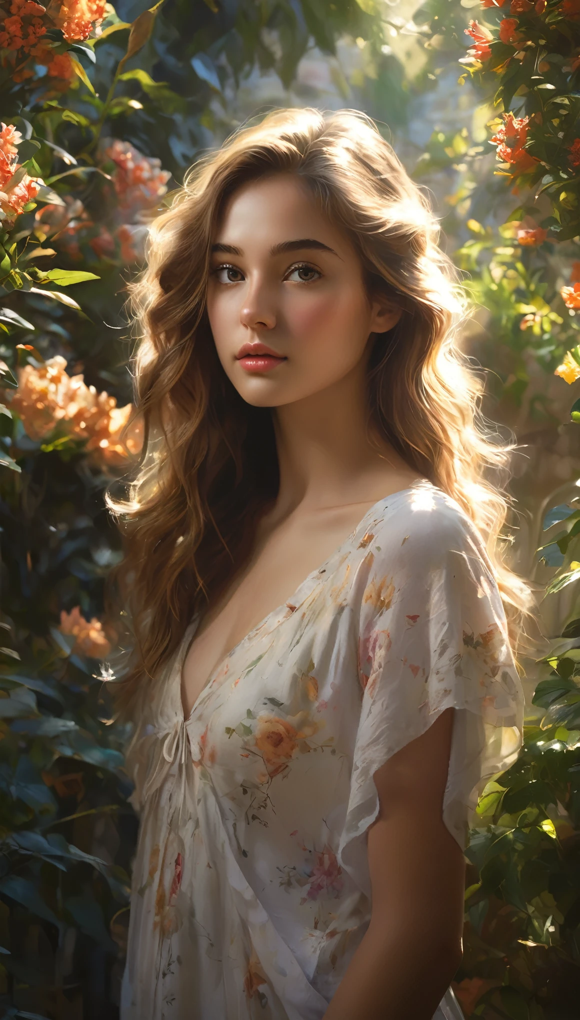 (best quality, highres, ultra-detailed, realistic:1.37), a 16yo half Italian girl with breathtaking beauty under the dappled sunlight, a nude art piece in the style of oil painting, depicted with stunning realism and intricate details. The girl has porcelain-like skin, radiant with a soft glow. Her mesmerizing eyes are filled with depth and emotion, enhanced with long, dark lashes. Her full, luscious lips are delicately painted with a hint of natural color. Long, flowing locks of hair cascade down her back, catching the gentle rays of sunlight.

The girl stands gracefully in a picturesque garden, surrounded by vibrant flowers and lush green foliage. The warm golden sunlight filters through the branches, casting enchanting shadows on her flawless form. The scene exudes a sense of tranquility and serenity, as if time has momentarily stood still.

The textures of the flowers and leaves are rendered with rich colors and intricate details, bringing them to life on the canvas. The overall composition showcases a harmonious balance between light and shadow, accentuating the girl's ethereal beauty.

The color palette of the painting is dominated by warm tones, with hints of soft pastels to add a touch of whimsy. The sunlight bathes the scene in a warm, golden glow, illuminating the girl's fair complexion and casting a soft, romantic atmosphere.

The lighting in the artwork is carefully crafted, emphasizing the natural play of light and shadow. The subtle interplay of highlights and shadows enhances the depth and dimensionality of the girl's figure, adding a sense of realism to the painting. The soft, diffused light further enhances the dreamlike quality of the scene, creating a magical and captivating ambiance.

The resulting artwork is a masterpiece of beauty and artistry, capturing the essence of a girl's innocence and vulnerability in a mesmerizing and timeless, (NSFW:1.2) 