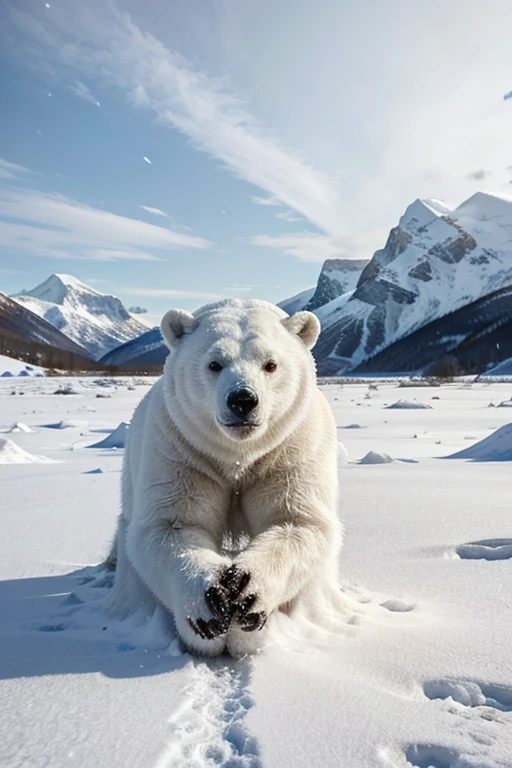 A humanoid polar white bear is hunting its food . In the scenario there are immense frozen mountains. The soil and frozen environment, snow covered, icy storm
