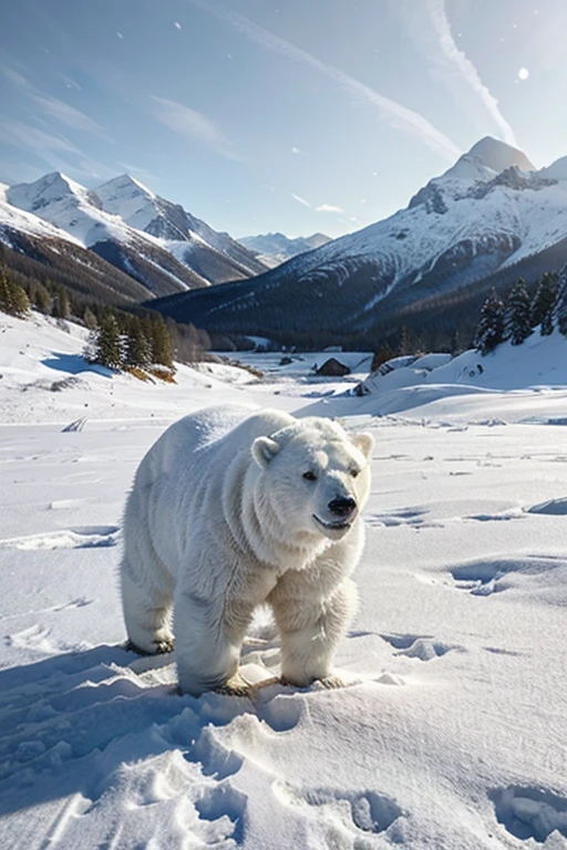 A humanoid polar white bear is hunting its food . In the scenario there are immense frozen mountains. The soil and frozen environment, snow covered, icy storm
