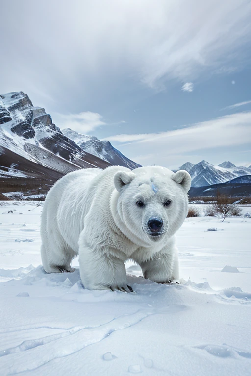Un oso blanco polar humanoide busca su comida . En el escenario hay inmensas montañas heladas.. El suelo y el ambiente helado., cubierto de nieve, tormenta helada
