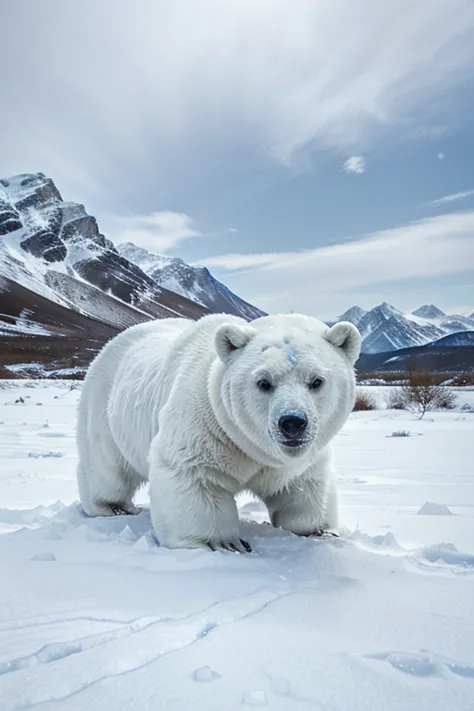 A humanoid polar white bear is hunting its food . In the scenario there are immense frozen mountains. The soil and frozen enviro...