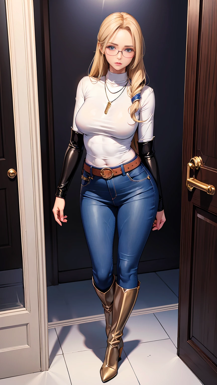 Beautiful girl with mid straight blond hair with blue eyes wearing Tight Jeans Skirt With Leather Belt, White Mid Sleeves Secretary Shirt, luxurious jewelry and luxurious necklace, rimless glasses, high heel boots, standing in her changing room at night, (caucasian skin), (light brown lipstick), (elegant mascara), (slim body with abs), (small breasts), (wide hips), midjourney, <lora:GoodHands-, <lora:GoodLegs-, UHD, high resolution, (masterpiece:1.9, best quality), (expressive eyes, perfect face, full body, expressive face, perfect body, perfect pussy, athletic, fit, slim body, blushing, Perfect makeup, eyeliner, beautiful eyelashes, smiling, horny face), ((best illumination, best shadows)), ((sexy pose))
