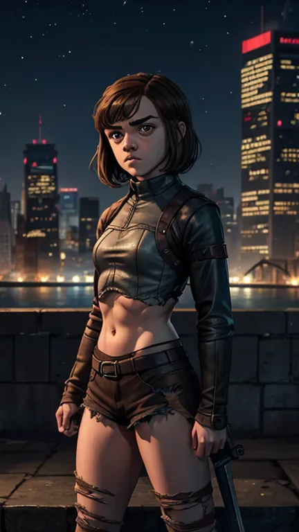 8k, maisie williams face, athletic physique, toned abs, small breast, round ass, brown hair, maisie williams as arya stark, torn...