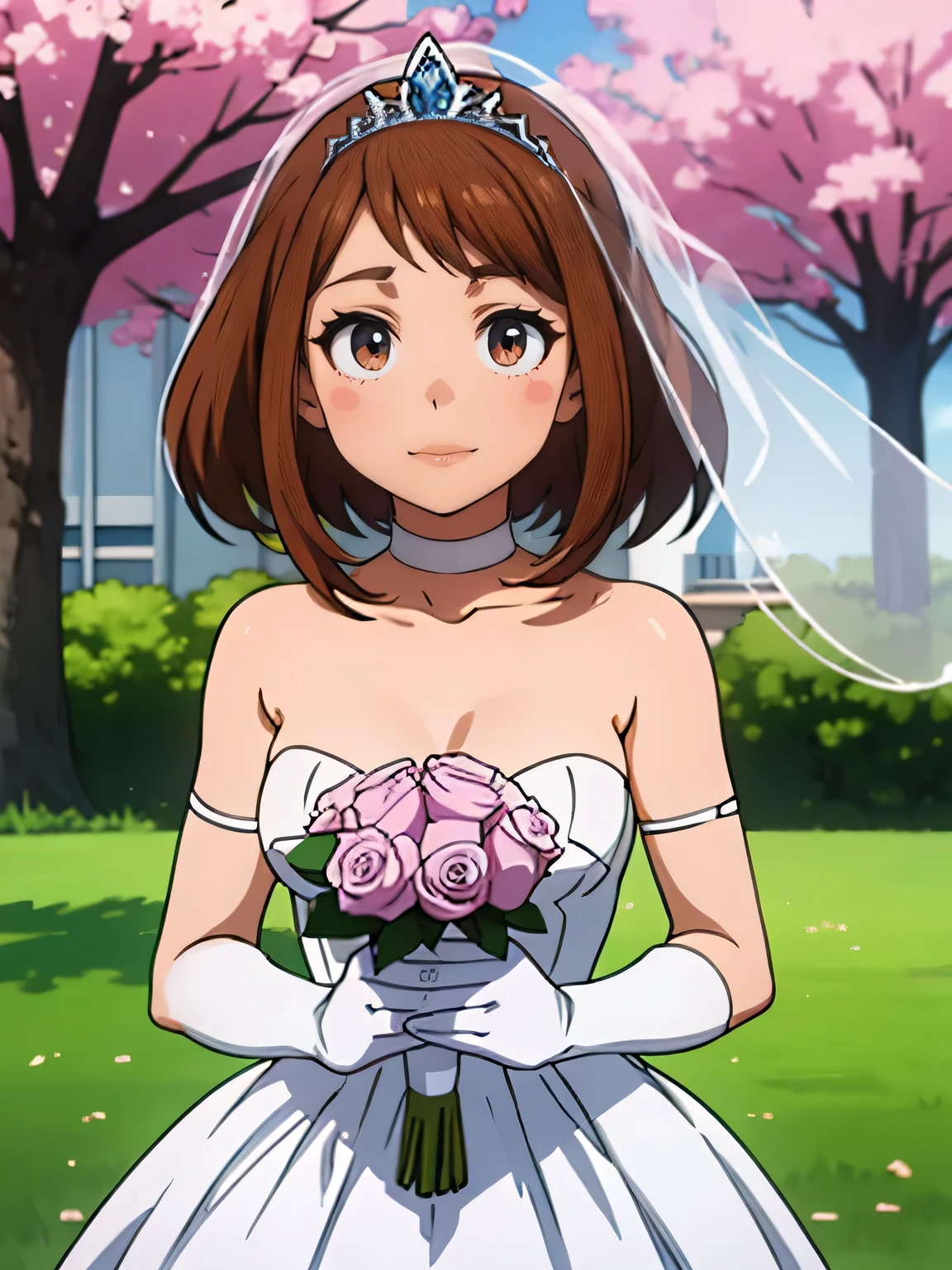 1 girl ,Ochaco_Uraraka, eyes browns ,earrings ,lipstick, shade, make up, hair between the eyes, ahoge, hair ornament, mitts, don, neckleace, bared shoulders, clavicle, white oprea mitts, white mitts, white don, strapless, white choker, tiara, Veil, strapless don, wedding don, bridal Veil, Beautiful woman, perfectbody, perfect shaped breasts, wearing a wedding don, prom dress, in the trees in the park, wedding decorations, gazing at viewer,  ssmile, Reality, work of art, texturized skin, super detaill, High detail, high qualiy, best qualityer, 1080P,