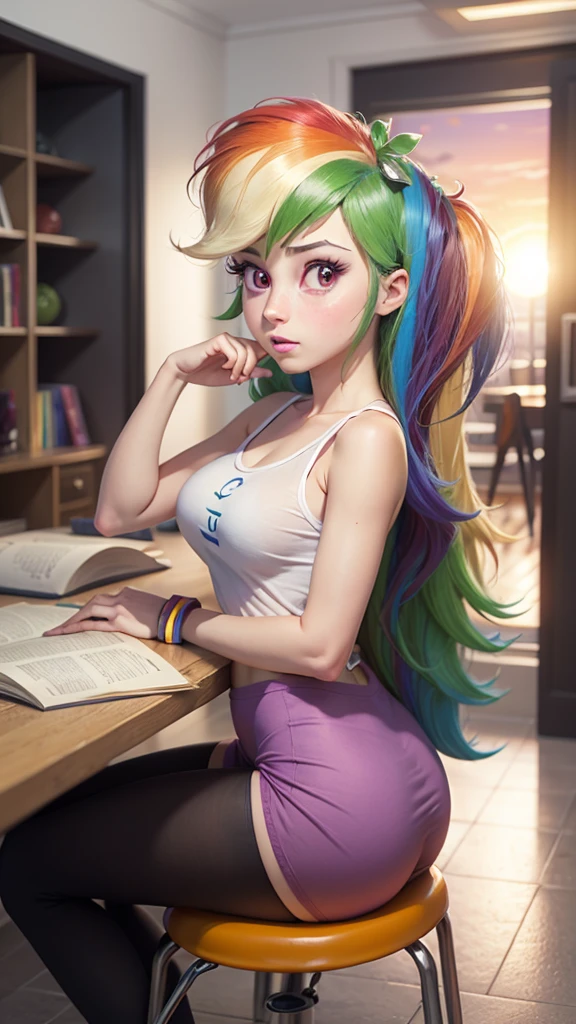 in library, (Sunset Shimmer from equestria girls), (2girls), (Rainbow Dash from equestria girls), movie accurate equestria girls, sitting at desk, hand covering mouth, blushing, orgasm, medium breasts, athletic, zPDXLxxx, beautiful, female, long hair, vector, cute, sitting in crowded movie theater, ((Sunset Shimmer fingering Rainbow Dash))