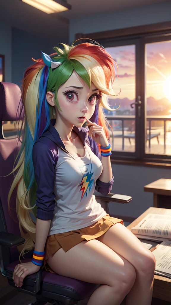 in library, (Sunset Shimmer from equestria girls), (2girls), (Rainbow Dash from equestria girls), movie accurate equestria girls, sitting at desk, hand covering mouth, blushing, orgasm, medium breasts, athletic, zPDXLxxx, beautiful, female, long hair, vector, cute, sitting in crowded movie theater, ((Sunset Shimmer fingering Rainbow Dash))