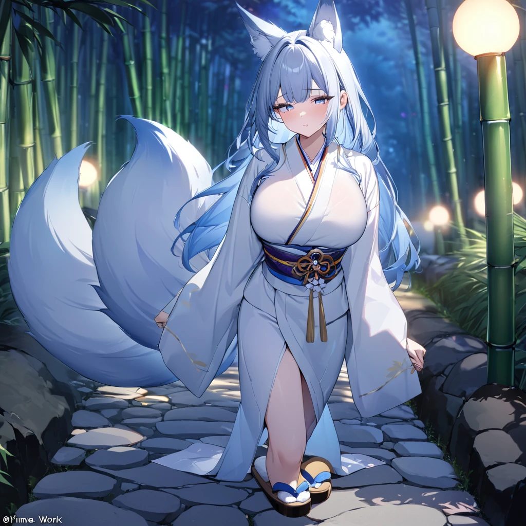 A woman wearing a white kimono with bamboo wishes on the kimono, long-sleeved kimono, faint blue hair, faint blue eyes, sleepy face, kitsune ear, kitsune tail, multi tail, traditional Japanese slippers, large breasts, walking in a traditional stone sidewalk, with bamboo trees around, bamboo in the background, illuminated place, shimen shinto around.,.UHD , prime work , accurate , anatomically correct , textured skin , super details , high quality , best quality, 8k, high resolution, bokeh effect. (woman solo)

