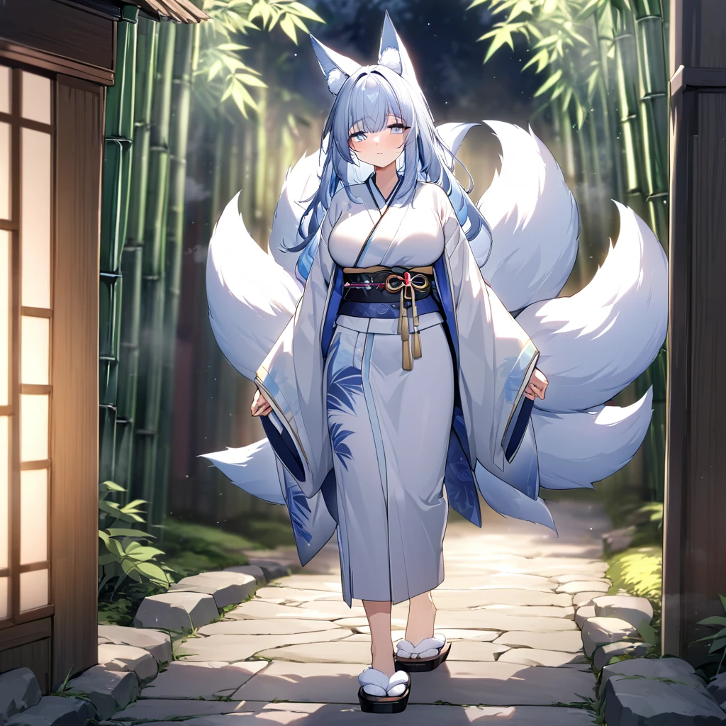 A woman wearing a white kimono with bamboo wishes on the kimono, long-sleeved kimono, faint blue hair, faint blue eyes, sleepy face, kitsune ear, kitsune tail, multi tail, traditional Japanese slippers, large breasts, walking in a traditional stone sidewalk, with bamboo trees around, bamboo in the background, illuminated place, shimen shinto around.,.UHD , prime work , accurate , anatomically correct , textured skin , super details , high quality , best quality, 8k, high resolution, bokeh effect. (woman solo)

