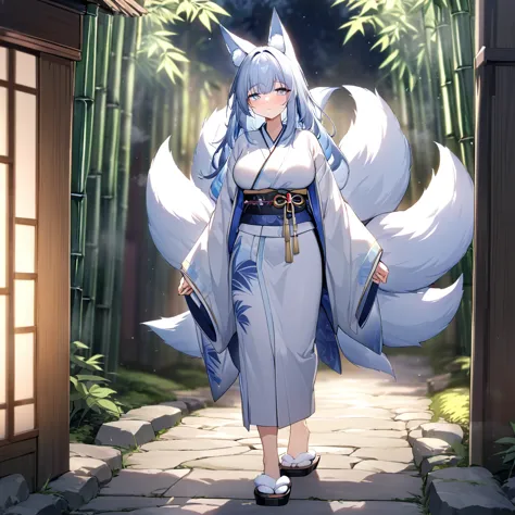 A woman wearing a white kimono with bamboo wishes on the kimono, long-sleeved kimono, faint blue hair, faint blue eyes, sleepy f...