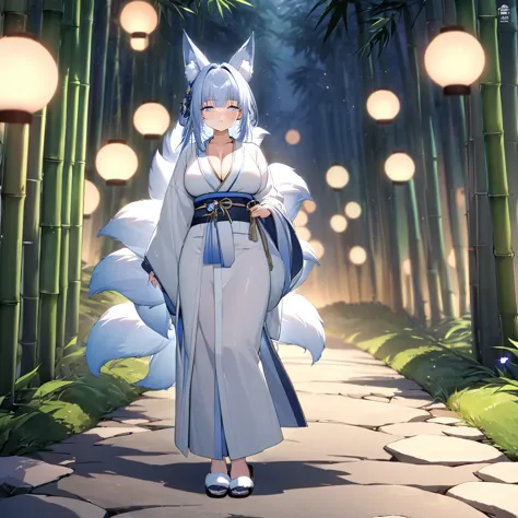 A woman wearing a white kimono with bamboo wishes on the kimono, long-sleeved kimono, faint blue hair, faint blue eyes, sleepy f...