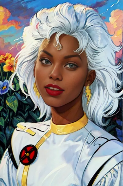 (lingerie, sexy, erotic):1.5, mischievous smile, storm from the x-men, storm, white hair, white costume, storm costume, skintigh...