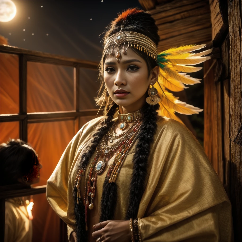 Beautiful Cherokee Indian woman with beautiful terracotta colored headdresses, blackw, doradas, cobre, Pearl, white and beige, feathers made of bright neon of various colors, flares on camera, bokeh, full moon night

