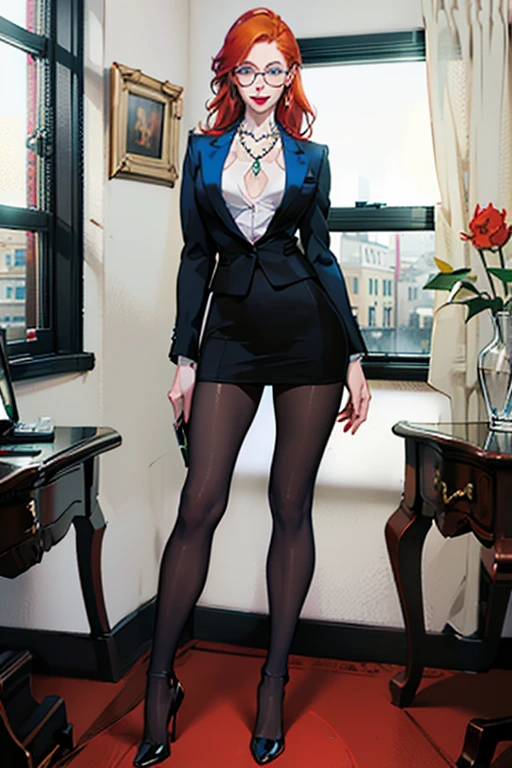 (full body:1.4),Tall, slender ((redhead)) woman of Irish descent. (pale:1.3)complexion. blue eyes, cute butt, nice legs. Kind eyes, cute smile. Eyeglasses, Mascara, red lipstick, necklace, green blazer and pencil skirt, blouse, black pantyhose, stiletto heels. Lawyer, in office.