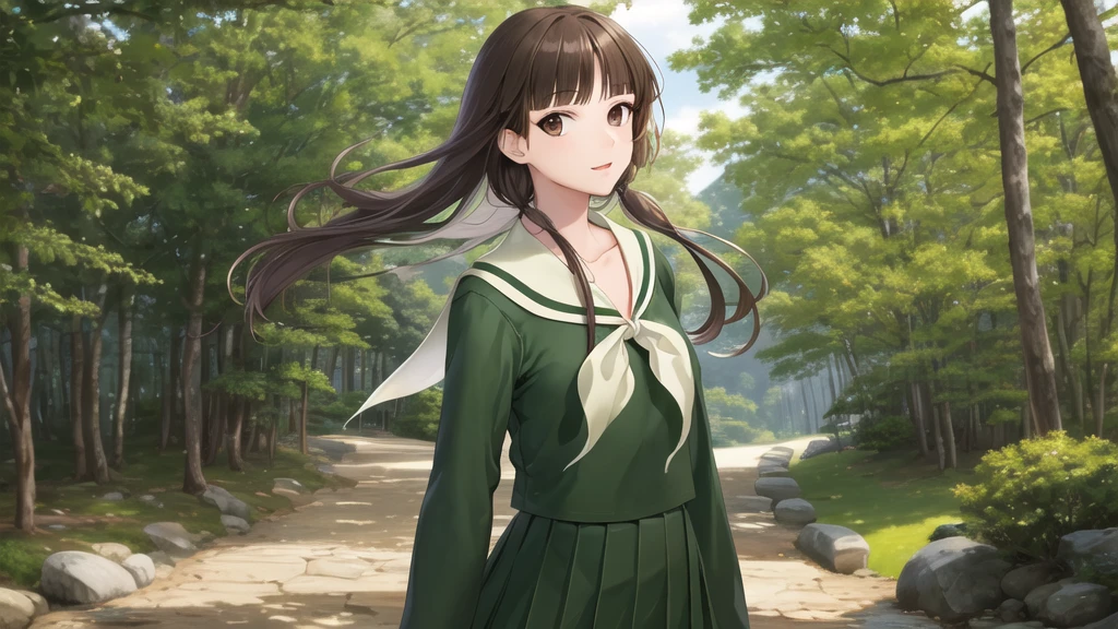 masterpiece, Highest quality, High resolution, aayoshino, , Slender, Long Hair, Twin Blade, Brown eyes, Hair that falls over the shoulders, , Sailor collar, neckerchief, Green Shirt, One piece sailor shirt, Long sleeve, Green Skirt, Long skirt, Are standing, Cowboy Shot, Outdoor, Person on the right, radiant face