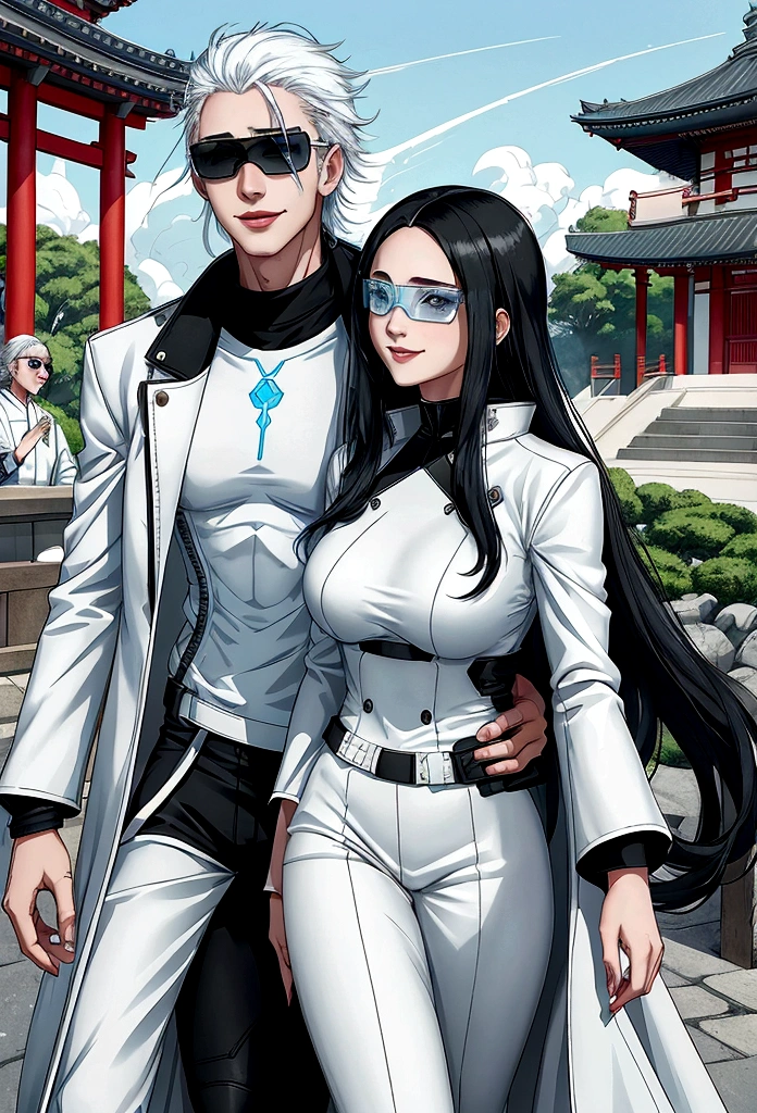 enerates an adult woman with long black hair and light blue eyes, futuristic white clothes wearing a leather jacket, a loving smile with an aura of tranquility, next to her tall teenage son with messy white hair and sunglasses, a happy mother with her son, a modern Japanese temple. landscape