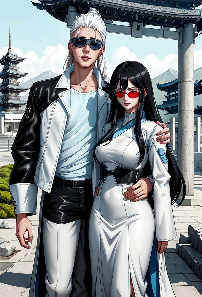 enerates an adult woman with long black hair and light blue eyes, futuristic white clothes wearing a leather jacket, a loving sm...