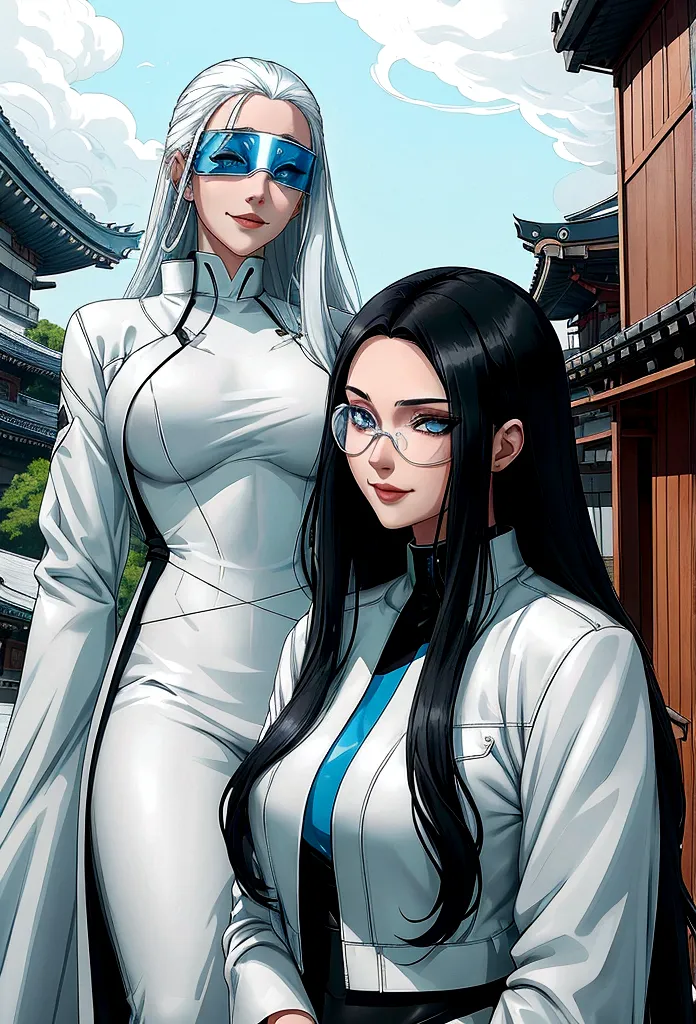 enerates an adult woman with long black hair and light blue eyes, futuristic white clothes wearing a leather jacket, a loving sm...