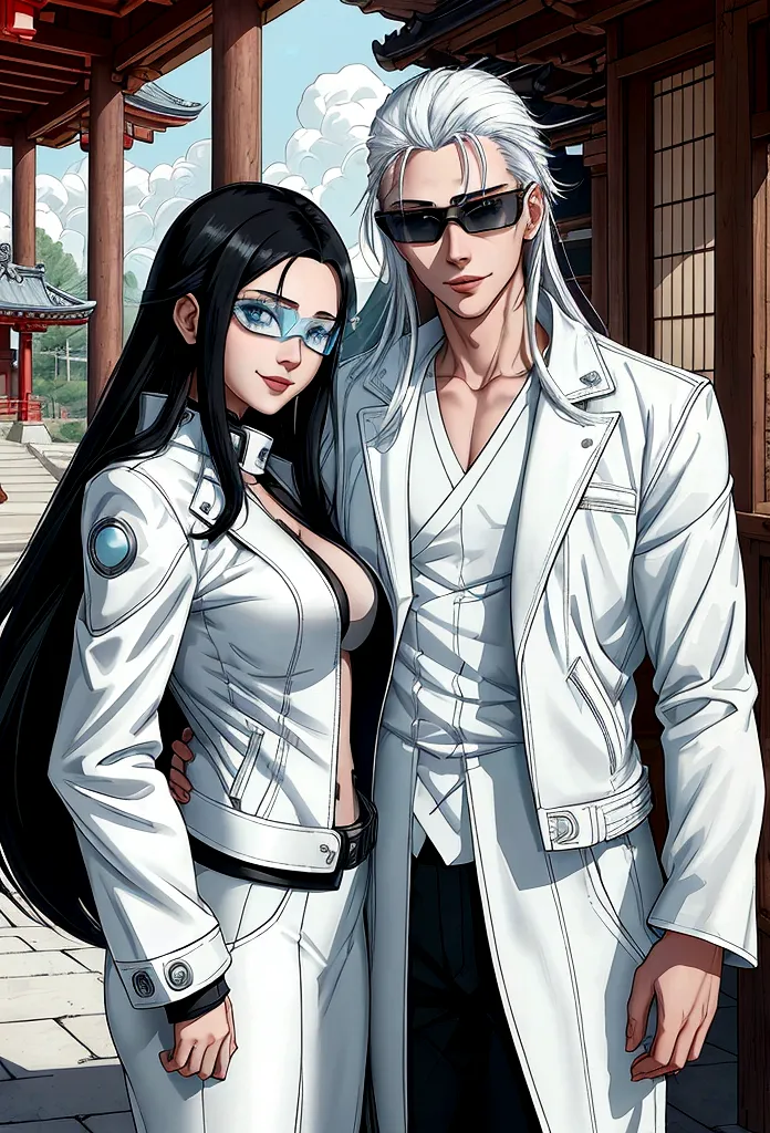 enerates an adult woman with long black hair and light blue eyes, futuristic white clothes wearing a leather jacket, a loving sm...