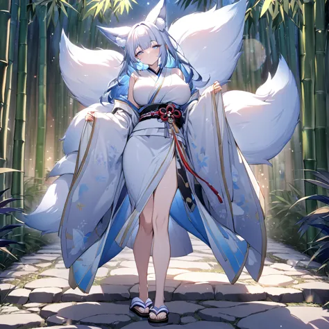 a woman wearing a white kimono with bamboo wishes on the kimono, long-sleeved kimono, faint blue hair, faint blue eyes, sleepy f...