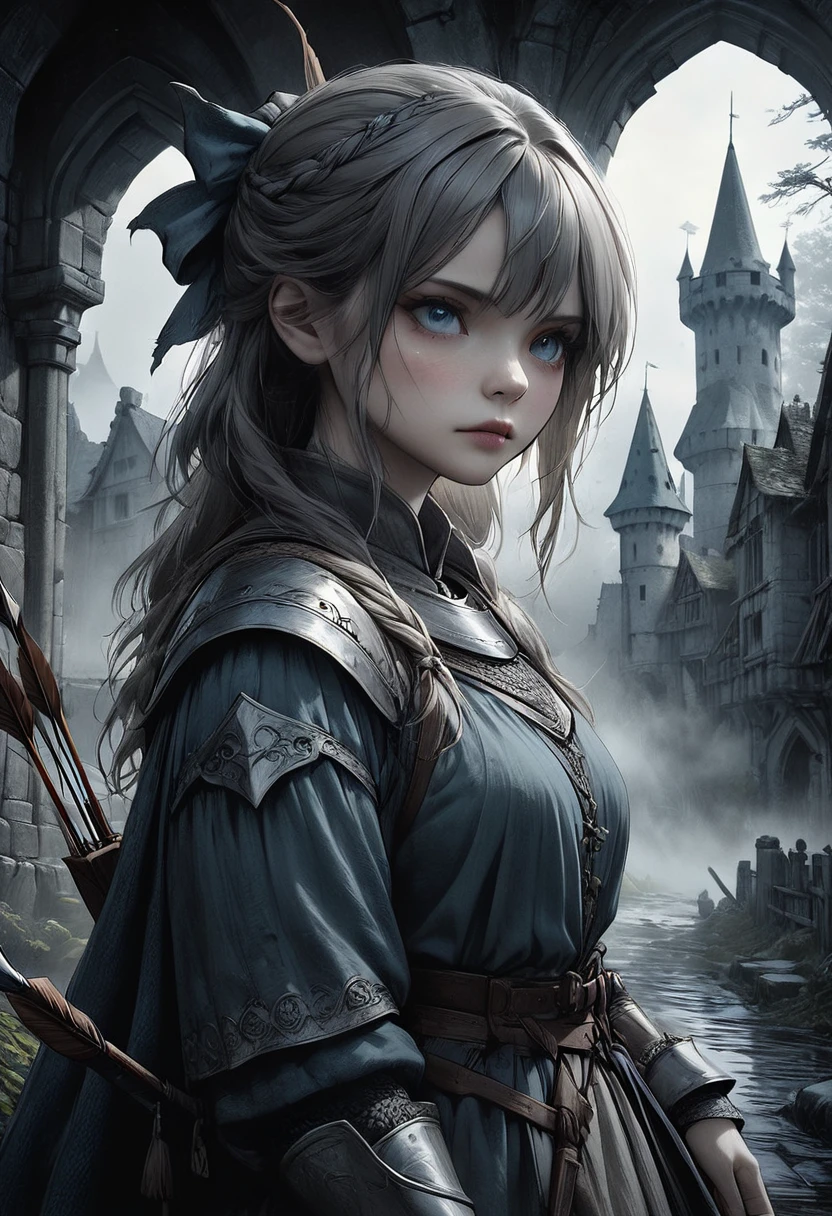 1girl, medieval castle, woman with bow and arrows, detailed facial features, beautiful eyes, detailed skin, detailed hair, adventurous expression, dramatic lighting, cinematic composition, muted color palette, atmospheric fog, (best quality,4k,8k,highres,masterpiece:1.2),ultra-detailed,(realistic,photorealistic,photo-realistic:1.37), colores vividos