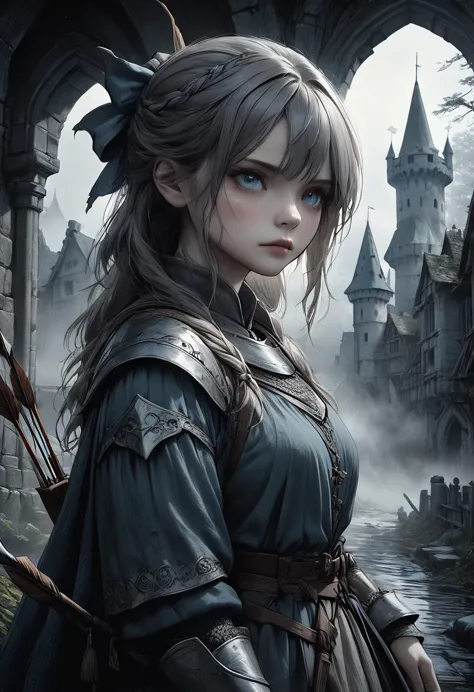 1girl, medieval castle, woman with bow and arrows, detailed facial features, beautiful eyes, detailed skin, detailed hair, adven...