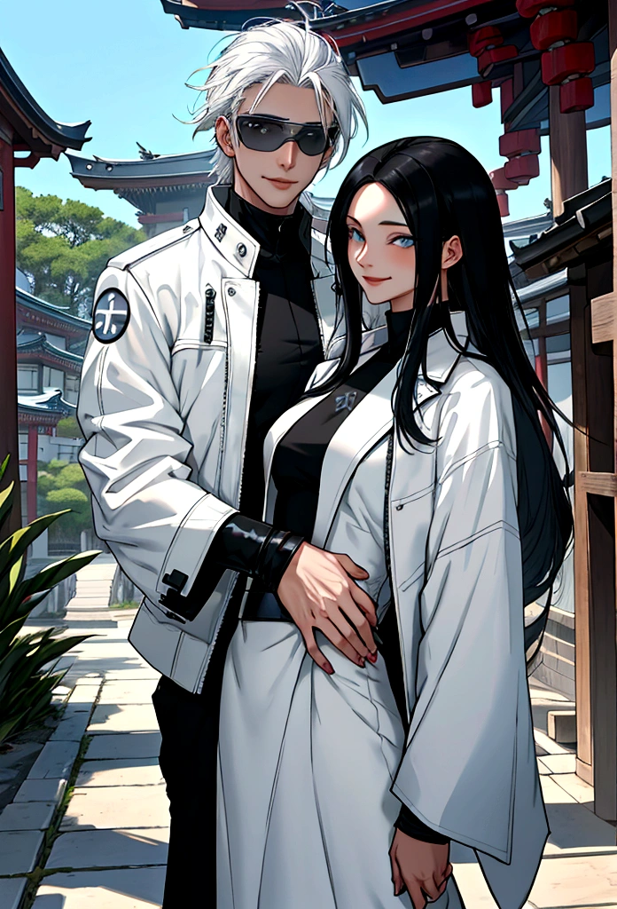 generates an adult woman with long black hair and light blue eyes, futuristic white clothes wearing a leather jacket, a loving smile with an aura of tranquility, next to her tall teenage son with messy white hair and sunglasses, a happy mother with her son, a modern Japanese temple. landscape