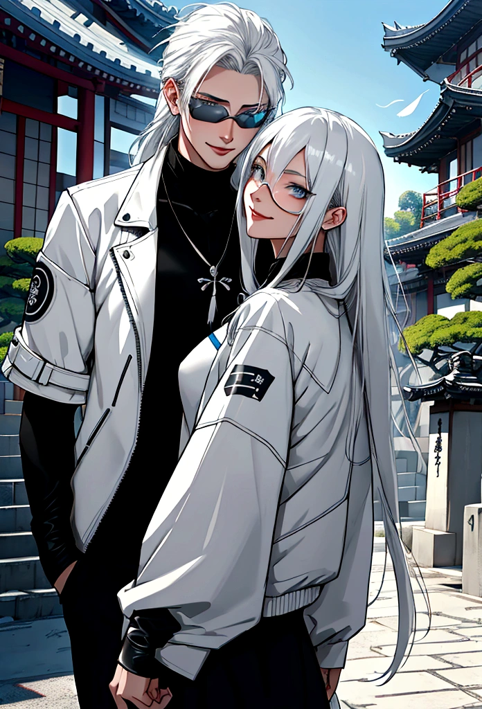 generates an adult woman with long black hair and light blue eyes, futuristic white clothes wearing a leather jacket, a loving smile with an aura of tranquility, next to her tall teenage son with messy white hair and sunglasses, a happy mother with her son, a modern Japanese temple. landscape