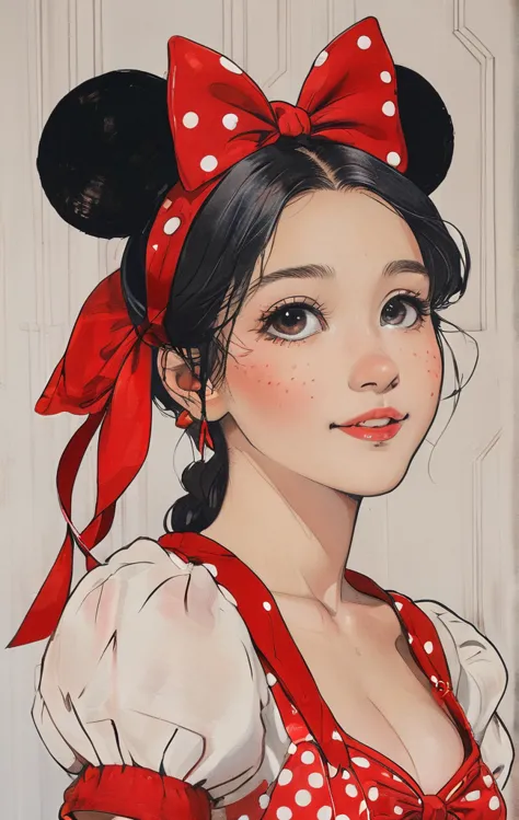 Beautiful woman in the same outfit as Minnie Mouse、smil、Dark hair、Black eyes、She wears a red ribbon with white polka dots on her...