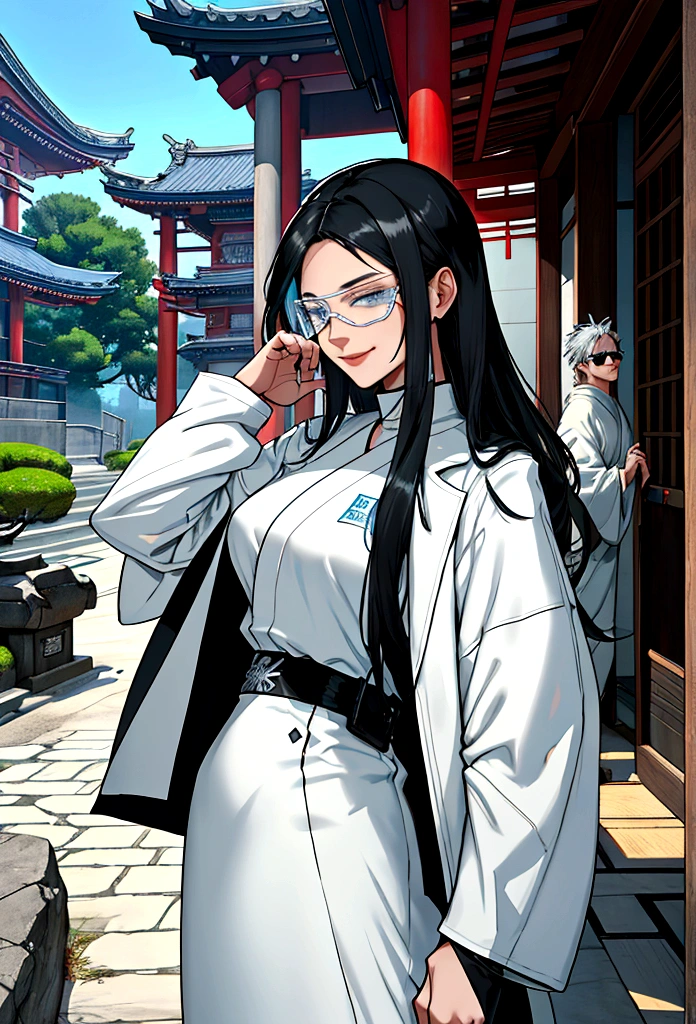 generates an adult woman with long black hair and light blue eyes, futuristic white clothes wearing a leather jacket, a loving smile with an aura of tranquility, next to her tall teenage son with messy white hair and sunglasses, a happy mother with her son, a modern Japanese temple. landscape