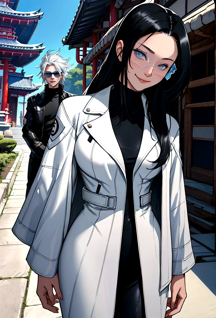 generates an adult woman with long black hair and light blue eyes, futuristic white clothes wearing a leather jacket, a loving smile with an aura of tranquility, next to her tall teenage son with messy white hair and sunglasses, a happy mother with her son, a modern Japanese temple. landscape