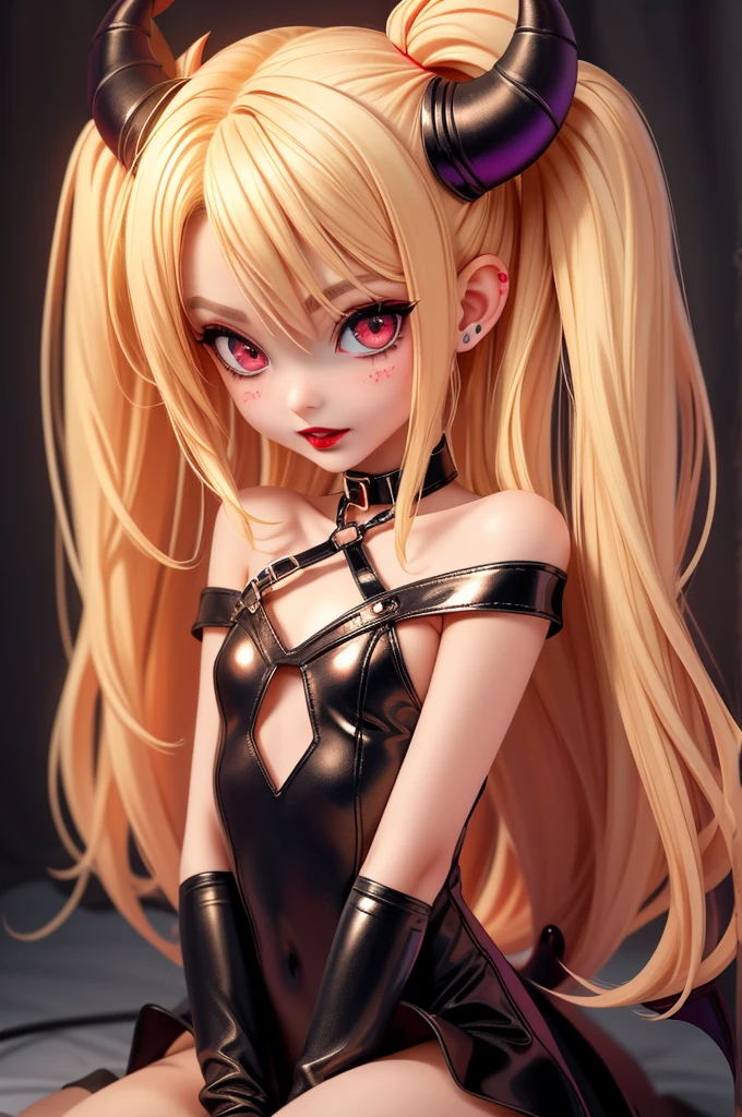 hyperrealistic 14 year old demon teen, blonde, perfect tiny body, sexy, dark makeup, small choker, perfect slim face, big red lips, very cute face, tiny body, big eyes, young looking, childish looking, devil wings, devil horns, devil tail, perfect body
