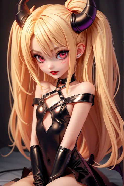 hyperrealistic 14 year old demon teen, blonde, perfect tiny body, sexy, dark makeup, small choker, perfect slim face, big red li...