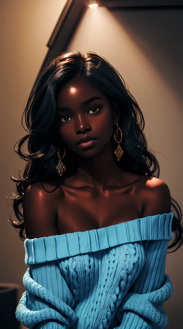 Upper body shot, ((beautiful black woman with flawless dark skin)), long hair with gradient blue glow, clearly defined facial features, big detailed eyes, ((( wearing an off the shoulder sweater))) glowing flowers in the background, masterpiece, best high quality image,96k, uhd, depth of field, 1080P wallpaper, spotlight, character focus, high quality, insanely detailed, UHD picture quality in the style of Amy Sol