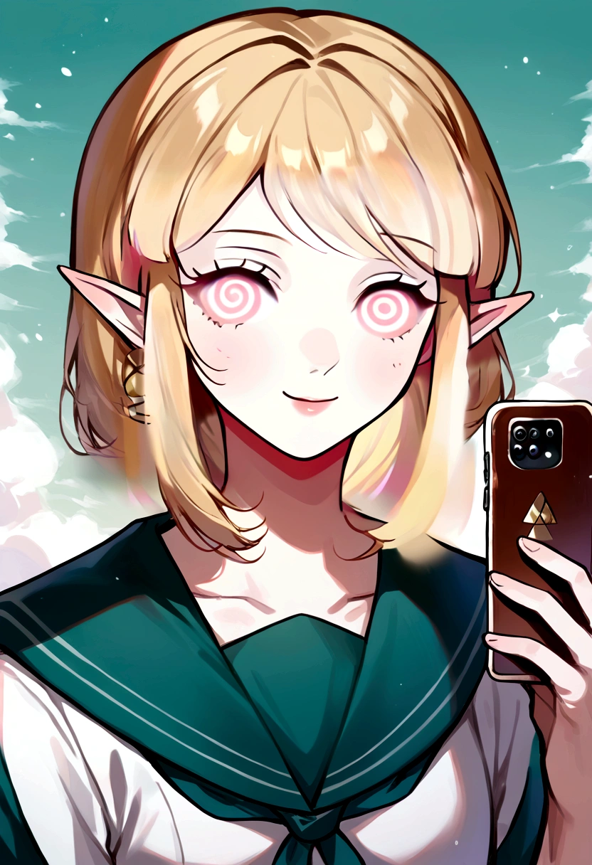 (work of art)), (best qualityer), (detailed anime style), ((1 boy)), (link to the legend of zelda, hair blonde, shorth hair), (Sailor uniform), holding a smartphone in front of your face, (spiral eyes) , (extended smile)