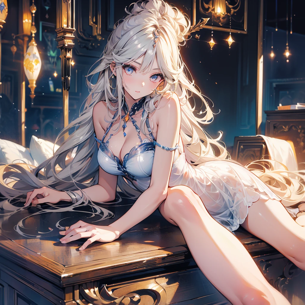 ((masterpiece, best quality)), Delicate face，girl，Lying down，Perfect body proportions，Large Breasts，Long legs，Long wavy hair，beautiful eyes，Fantasy style，Extremely beautiful，transparent