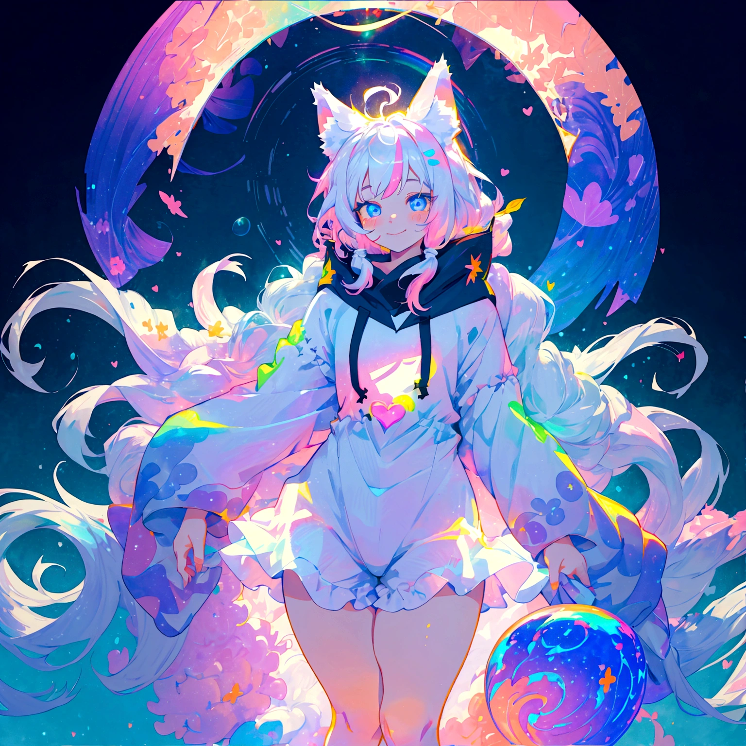 a cute adult male with wolf ears, long white hair, long locks, has a wolf tail, thick thighs, wide hips, short, wearing pink romper with a hood and pink shorts, has heart on chest, has bunny ears on hood, very slim, showing slender tummy, squishy thighs, has glowing blue eyes. alone, solo (ALONE)(SOLO), surrounded by rainbows, colorful galaxy backround, smiling, ontop of a pile of fluffy plushes, plushies everywhere, kawaii plushies, surrounded by bubbles, surrounded by rainbow leaves, standing up dancing, thicc thighs