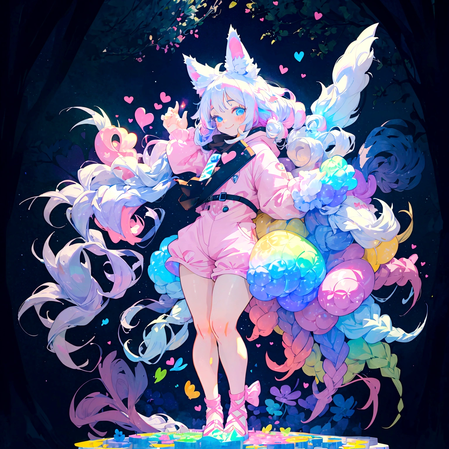 a cute adult male with wolf ears, long white hair, long locks, has a wolf tail, thick thighs, wide hips, short, wearing pink romper with a hood and pink shorts, has heart on chest, has bunny ears on hood, very slim, showing slender tummy, squishy thighs, has glowing blue eyes. alone, solo (ALONE)(SOLO), surrounded by rainbows, colorful galaxy backround, smiling, ontop of a pile of fluffy plushes, plushies everywhere, kawaii plushies, surrounded by bubbles, surrounded by rainbow leaves, standing up dancing, thicc thighs